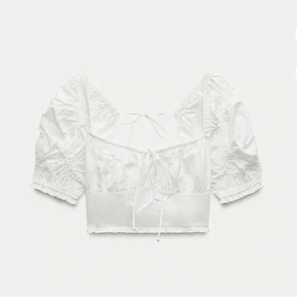 ZARA White Open Back Lace-Up Top | Puff Sleeve Euro Summer Blouse | Size L - Picture 6 of 12
